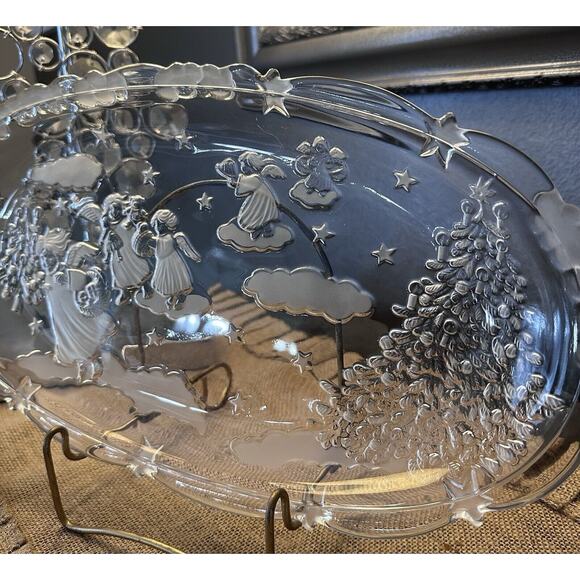Lot Of 3 Serving Platter Bowls Tray Christmas Holiday Heavy Glass Angel Figures - Picture 6 of 10